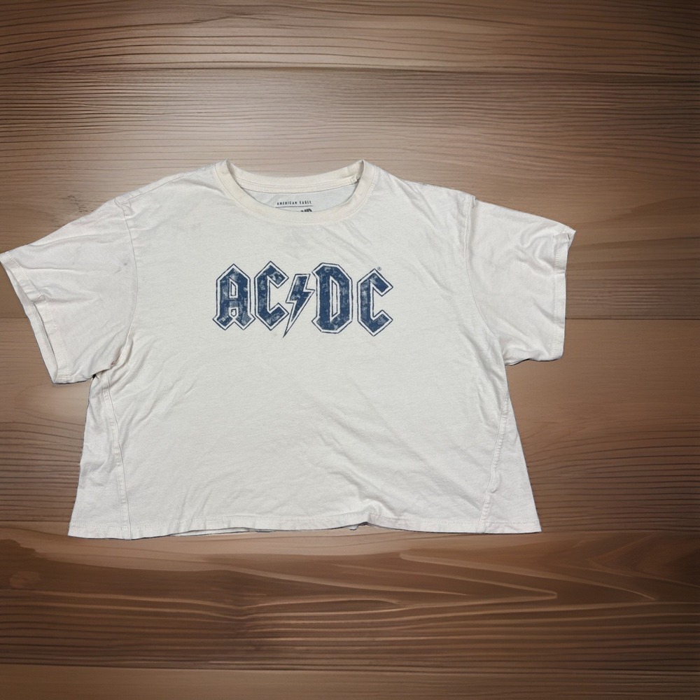 American Eagle AE Band AC/DC Graphic Tee Womens Medium Ivory Cropped T-Shirt Y2K